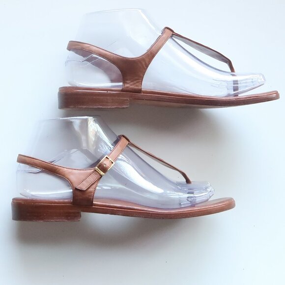 Chanel Brown Leather T-Strap Sandals Rare Minimalist Designer Summer Flats Shoes - Picture 10 of 16